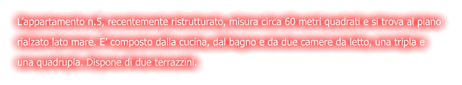 L’appartamento n.5, recentemente ristrutturato, misura circa 60 metri quadrati e si trova al piano  rialzato lato mare. E’ composto dalla cucina, dal bagno e da due camere da letto, una tripla e  una quadrupla. Dispone di due terrazzini.