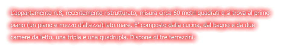 L’appartamento n.8, recentemente ristrutturato, misura circa 60 metri quadrati e si trova al primo  piano (un piano e mezzo d’altezza) lato mare. E’ composto dalla cucina, dal bagno e da due  camere da letto, una tripla e una quadrupla. Dispone di tre terrazzini.